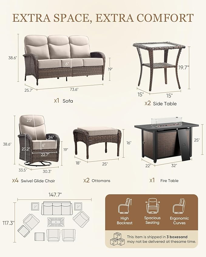Belord Upgraded 6“ Cushion Luxury 10 Piece Patio Furniture Set with Fire Pit Table - Outdoor Couch & High Back Swivel Rocker Patio Chairs, Wicker Outdoor Furniture for Deck Porch Yard - Brown/Beige
