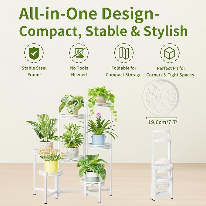 NQW 7 Tier Plant Stand Indoor Outdoor, Corner Tiered Plant Stands, Planter Display Rack for Multiple Plants, Wrought Iron Flower Stand, Folding Tall Plant Rack Shelf for House Patio Garden - WhiteWave