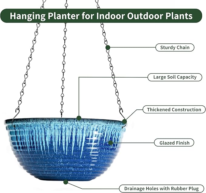 LESOASIS 12 inch Large Hanging Planters for Indoor Outdoor Plants, Set of 2 Glazed Hanging Flower Pots with Drainage Hole, Hanging Baskets for Garden Home Porch Decor