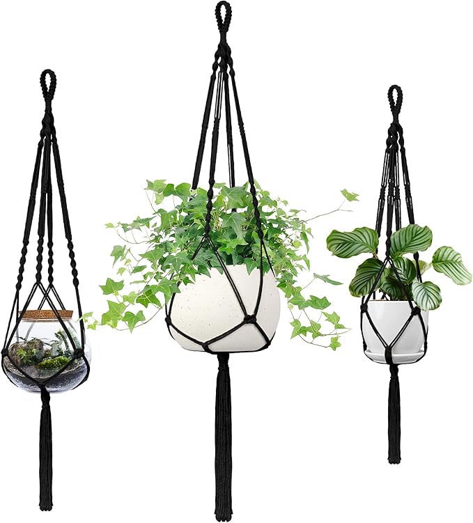 IDEEEPAN Macrame Plant Hanger - Fits 4 to 13 inches Pots for Indoor Outdoor, 34"/41"/46" 3 Sizes Set, Black (POTS NOT Included)