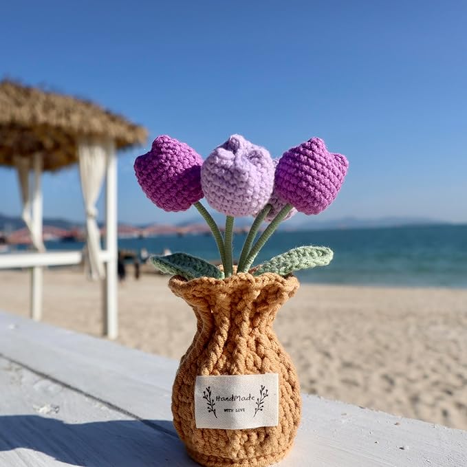 YOOJEE Tulip Crochet Flower Potted Plant Handmade Desk Decor Gift