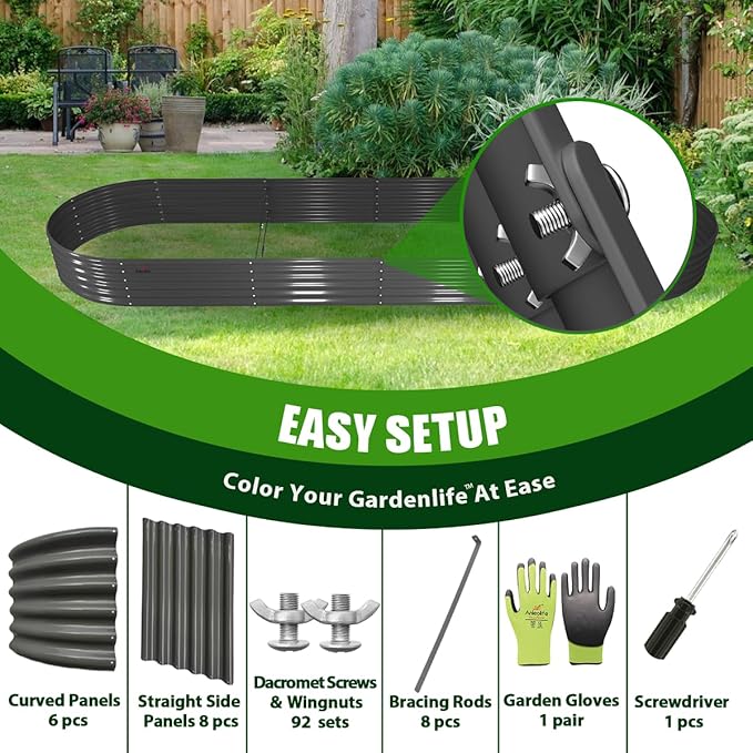 A ANLEOLIFE 6 Pcs 12X3X1.5 ft Oval Extra Large Galvanized Raised Garden Beds Outdoor for Planting Vegetables Flowers Herb, Quartz Grey