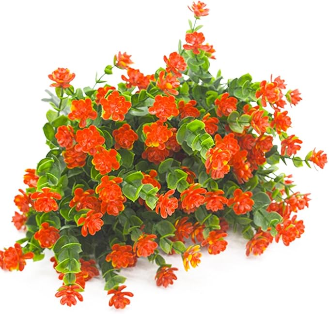 Grunyia Artificial Flowers, Fake Outdoor UV Resistant Plants Faux Plastic Greenery Shrubs Indoor Outside Hanging Planter Home Kitchen Office Wedding, Garden Decor (Orange Red)