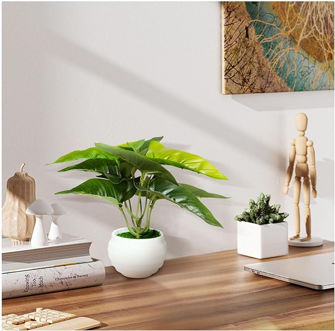 3Pcs 7" Small Artificial Plants in Ceramic Pots, Faux Potted Plants Indoor Small Green Leaf Tropical Fake Plant for Home Room Office Table Shelf Desk Decor
