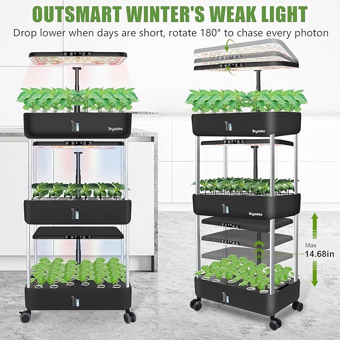 66-Pod Indoor Hydroponic Growing System + 3 Free Seeds Starter Kit (Lettuce, Salad Mixed, Basil Seeds) – Dual 53W Full-Spectrum LED, 10-L Water Tank, 3-Tier Grow Pods (66 Pods)