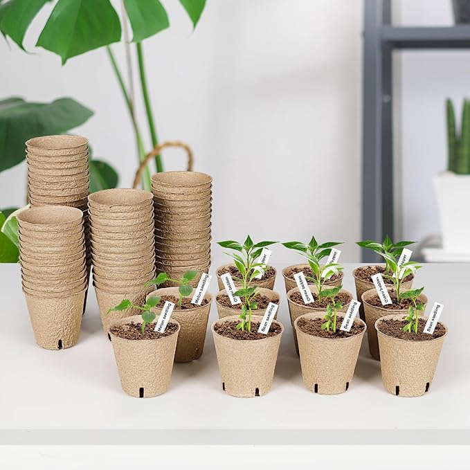 JNYONG 60 Packs 3.15 Inch Peat Pots,Biodegradable Pots for Seedlings with Drainage Holes, Garden Germination Nursery Pots with 50Pcs Plant Labels