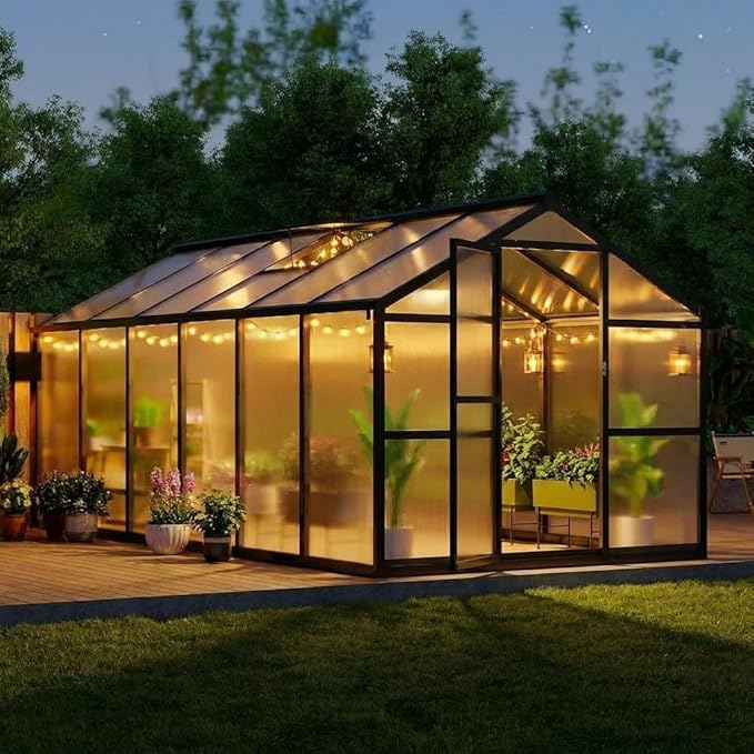 8 x 12 FT Greenhouse, Outdoor Sliding Door, Polycarbonate Greenhouse with Aluminum Frame, Lockable Door and Ajustable Roof Vent for Backyard, Outside Garden Backyard, Patio, Black