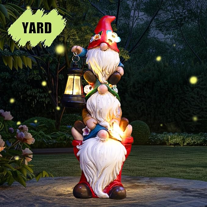 twinbling Garden Gnome Statue with Solar Lights Garden Sculptures Funny Triple Gnome Outdoor Patio Lawn Yard Balcony Home Decor Birthday Gift for Woman Grandma 12 in Spring Gnomes