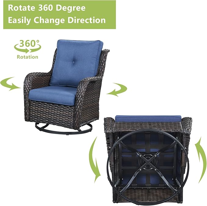 Rilyson Wicker Patio Furniture Set - 7 Piece Rattan Outdoor Sectional Conversation Sets with 2 Rocking Swivel Chairs,2 Ottomans,1 Sofa,1 Loveseat and 1 Coffee Table for Porch Deck(Brown/Blue)