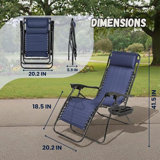 EZONE 1 - Chair Zero Gravity Lounge Chair Outdoor Adjustable Reclining Patio Chair Steel Mesh Folding Recliner for Pool Beach Camping Lounge Chair with Pillow and Cup Tray (1, Navy Blue)