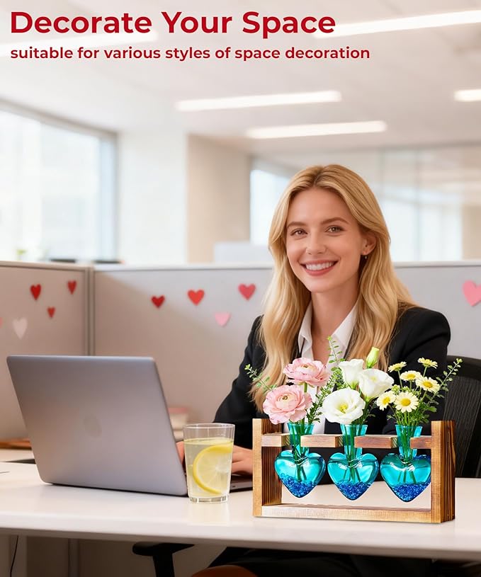 Nacome Plant Terrarium Propagation Stations: Valentines Day Gifts for Her Plant Lovers Women Mom Wife Daughter - 3 Bulb Glass Vase with Wooden Stand Tabletop for Hydroponics Indoor Office Home Decor