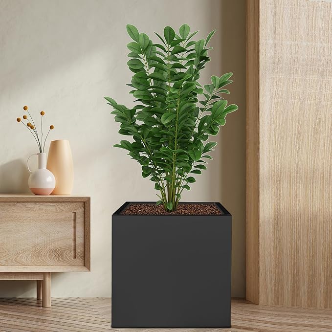 16~32inch Steel Planter Square Outdoor Planters Box Indoor Metal Large Planters Cube, Heavy Duty Flower Pot Modern for Commercial Residential Home Garden Porch Hotel Patio (Black, 24×24×24in)
