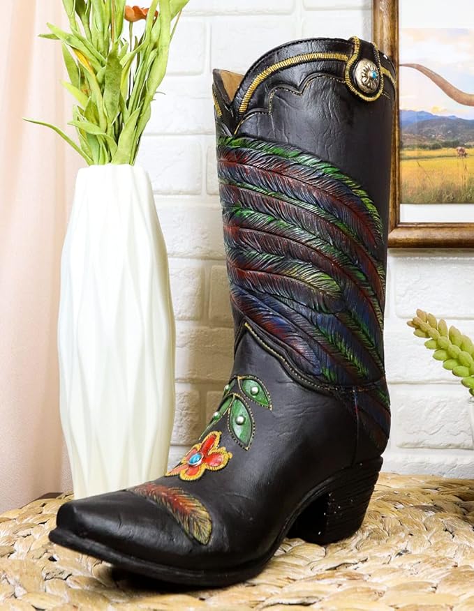Ebros Gift Rustic Western Country White Breasted Rooster with Colorful Tail Feathers Faux Tooled Leather Cowgirl Or Cowboy Boot Decorative Flower Bouquet Vase Or Planter Figurine 10" H