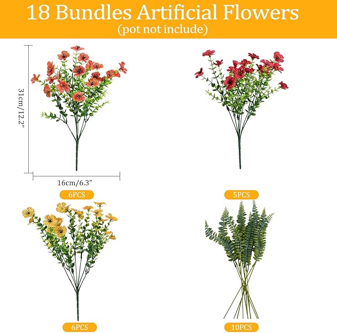 Pinenoya Artificial Fake Flowers Plants for Outdoor,18 Bundles Faux Plants Outside No Fade Plastic UV Resistant for Front Door Porch Patio Balcony Garden Yard Decorations