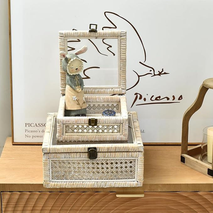 Rattan and Cane Square Stacking Boxes with Glass Top Lid - Set of 2 for Boho, and Rustic Farmhouse Décor, White Wash