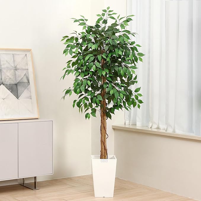 6ft Ficus Artificial Trees with Realistic Leaves and Trunk, Silk Fake Ficus Tree with Plastic Nursery Pot, Faux Ficus Tree for Office Home Farmhouse for Indoor Outdoor Decor(Set of 1)