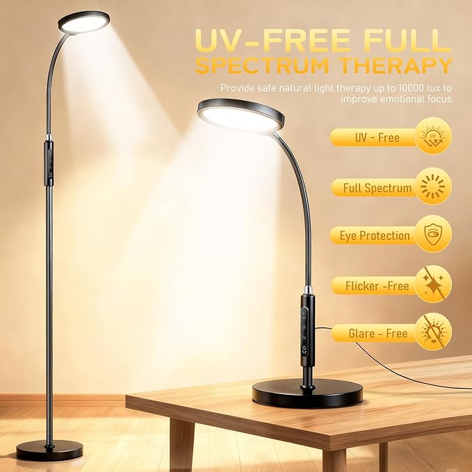 Light Therapy Lamp, 11000 Lux UV-Free Floor Lamp, Full Spectrum LED Sunlight with Touch Remote Control, Adjustable 7 Color Temperatures 9 Brightness Levels for Office Living Room Reading Black