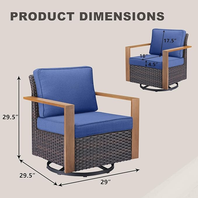 Rilyson Outdoor Swivel Patio Rocker Chairs - Wicker Rattan Patio Swivel Rocking Chairs Set of 2 with Metal Wide Armrest, Thick Cushions and Deep Seating for Deck Porch Sunroom Garden(Brown/Blue)
