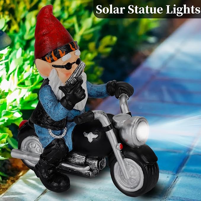 Garden Gnome Riding Motorcycle with Solar Light, Funny Outdoor Gnome Decoration Indoor Outdoor Lawn Figurines for Home Yard Décor, Medium