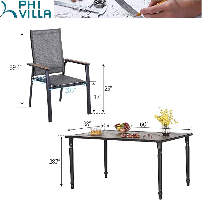 PHI VILLA Outdoor Stackable Chairs, Patio Chairs Set of 2, Light Weight Aluminum Frame with Textilene Fabric & Wood Armrest, High Back Deck Chairs for Poolside Lawn Garden, Blue