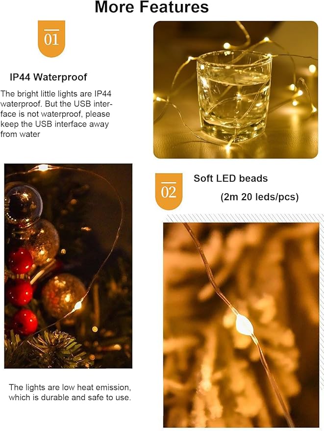Sokelinn-six 2m 20 LEDs Fairy String Lights, USB Powered String Light for Desk Office Christmas Tree Party Decoration (Warm, 2)