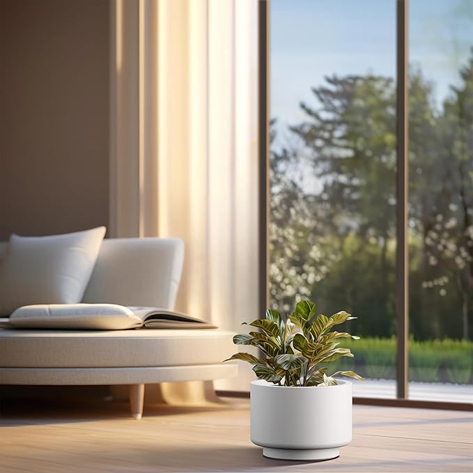 Kante 12.6 Inch Dia Concrete Planter, Round Pedestal Design Garden Pot for Indoor Outdoor Plants, Modern Flower Pot with Drainage Hole and Rubber Plug, White