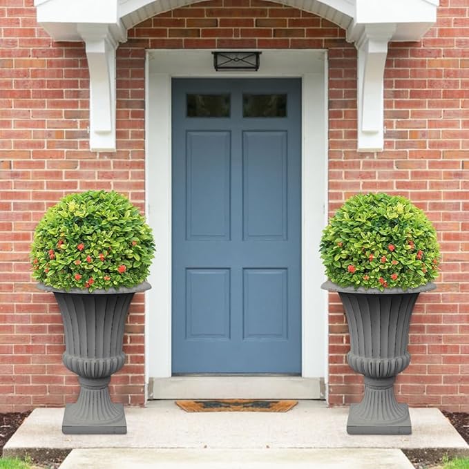 Austram Urn Planters 22", Set of 2, Tall Stone-Resin Pedestal Planters for Outdoor Plants, Large Front Porch Decor, Patio Garden Pots, Outdoor Urns for Entryway, Porch & Deck, Grey Plant Pot