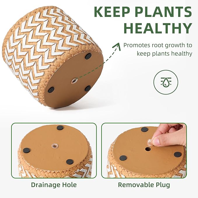 vomiceak Concrete Rattan-Style Plant Basket Planter, 5" Outdoor Indoor Plant Pots with Drainage Hole, Boho Flower Pot for Succulents, Herbs, Modern Farmhouse Decor, Ideal Gift for Plant Lovers