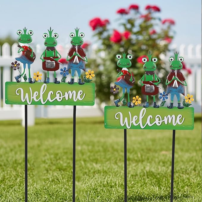 Frog Garden Stakes Decorative Large 41.7inch with Welcome Yard Sign, Whimsical Musical Frogs for Garden Decor Metal Yard Art Outdoor