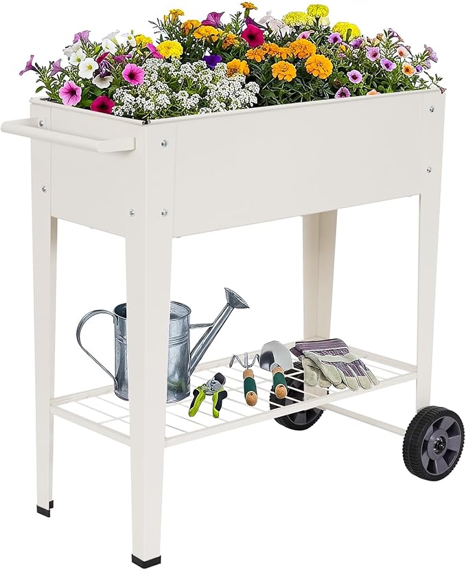 Elevated 32" Tall Raised Garden Bed with Legs and Wheels for Mobility, Metal Planter Boxes Outdoor with Shelf, Raised Bed for Gardening Vegetables/Herbs, Backyard, Patio, Balcony, White