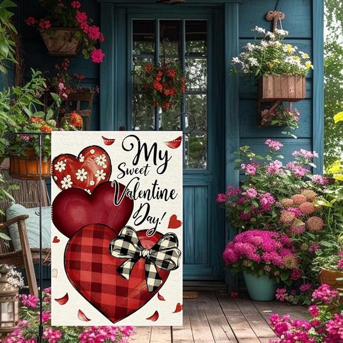 Valentines Day Garden Flag 12x18 Inch Double Sided Small Burlap Featuring Red Hearts and My Sweet Valentine Day Text for Outdoor Decor