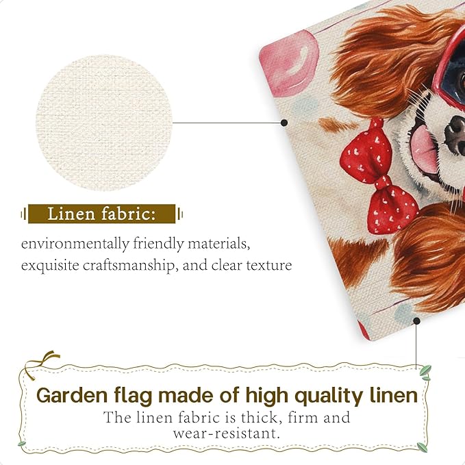Valentine's Day Cavalier-King-Charles Spaniel Hello Love Garden Flag, House Yard Plaid Love Heart Outside Decoration, Spring Holiday Wedding Anniversary Outdoor Small Decor 12x18(12638)
