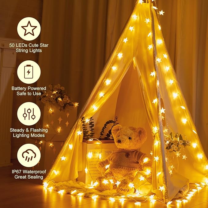 Minetom Star String Lights Battery Operated - 17 ft 50 LED Star Fairy String Lights with Timer, Waterproof for Indoor Bedroom Tent Loft Bed Patio Party Wedding Ramadan Decorations, Warm White