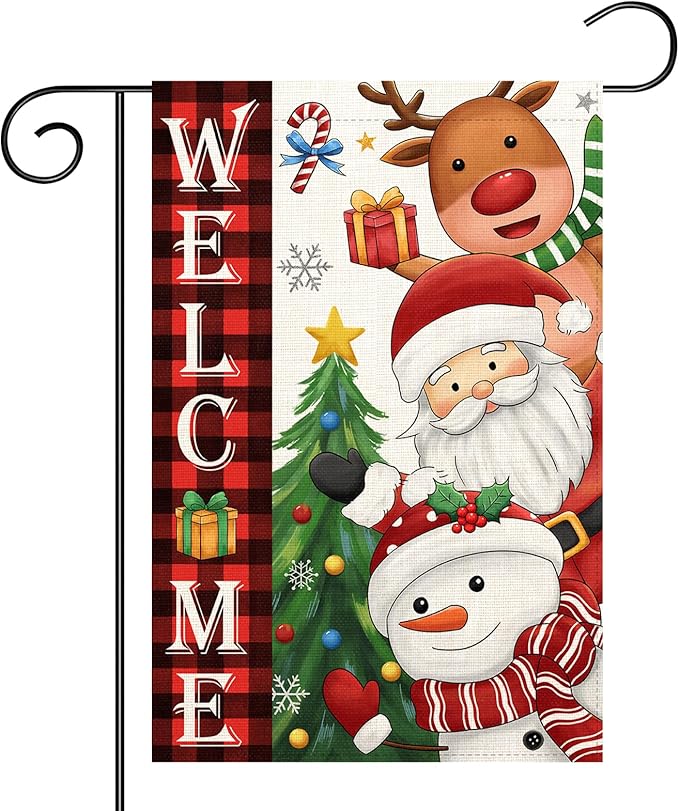 Welcome Christmas Garden Flag Santa Claus, snowman, reindeer12x18 Double Sided Vertical Outdoor Flag for Outside Xmas Farmhouse Flag Winter Holiday Yard Lawn Garden Banner (Welcome Christmas)