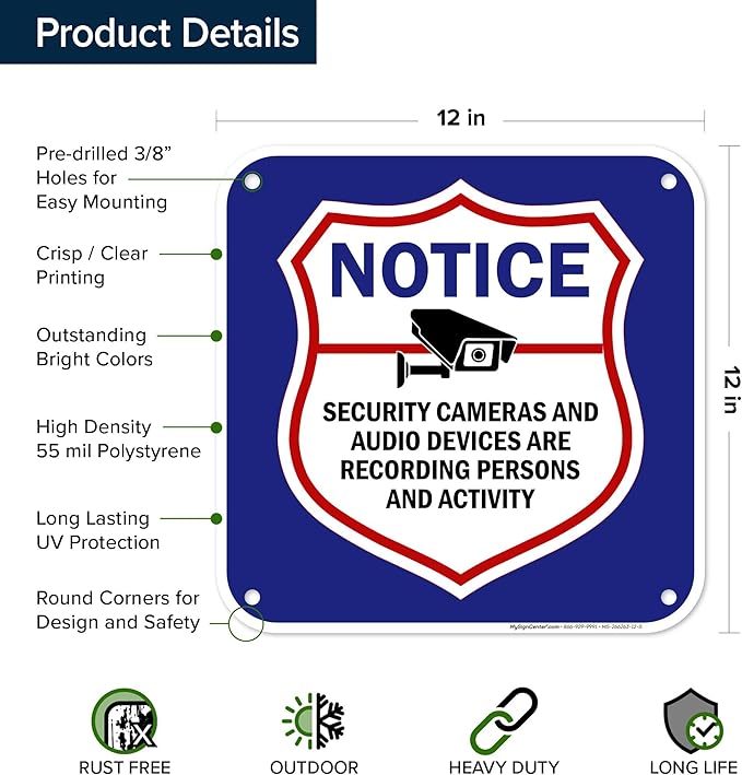Notice Security Cameras And Audio Devices Are Recording Persons And Activity Sign, 12x12 Inches, 55 mil thick HDPS (high density polystyrene), Made in USA by My Sign Center