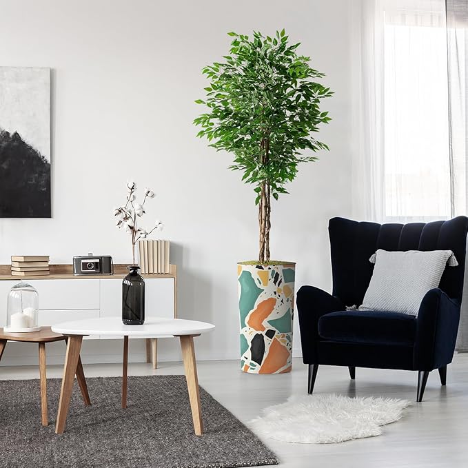 Artificial Tree in Modern Geometric Pattern Planter, Fake Ficus Silk Tree for Indoor and Outdoor Home Decoration - 75" Overall Tall (Plant Pot Plus Tree)