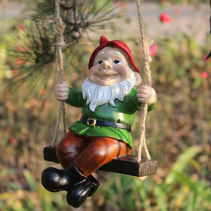 Garden Gnome Hanging Statue - Handpainted Resin Fun Outdoor Decor, Perfect for Patios, Gardens, Porches, or Lawns Great Christmas Tree Decor Halloween New Year