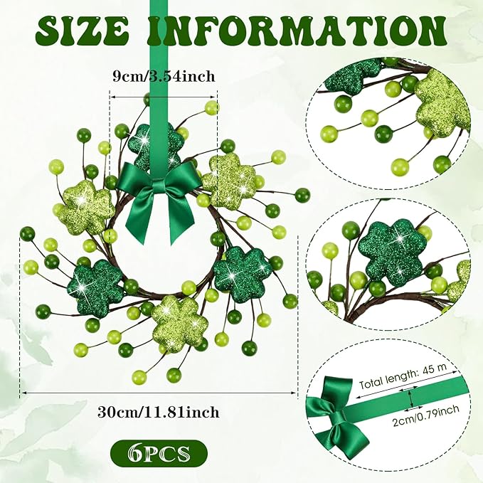 6 PCS Mini St. Patrick's Day Glitter Shamrocks Kitchen Cabinet Wreaths Small St. Patrick's Day Wreath for Front Door with Ribbon Spring Lucky Green Irish Clover Berry Wreath for Porch Wall Window