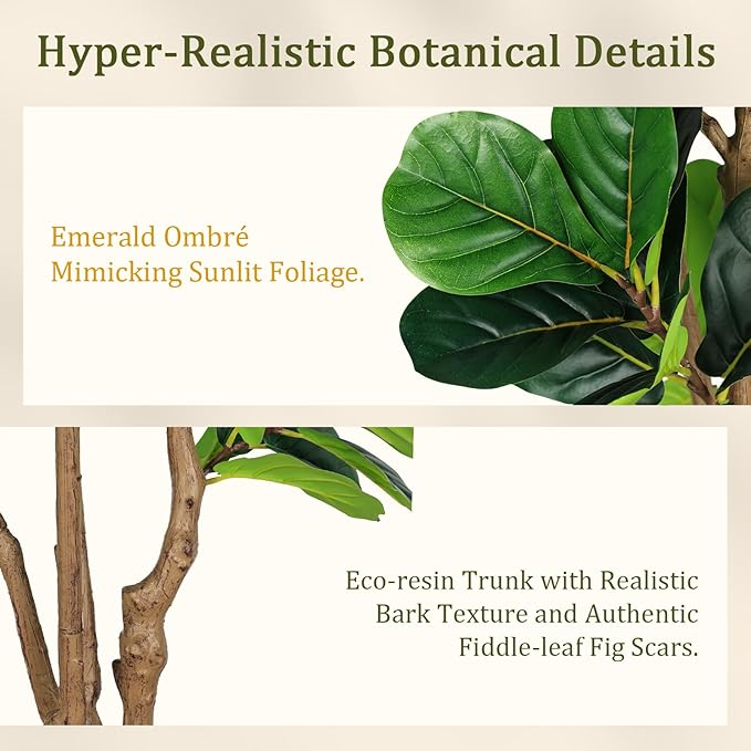 Artificial Fiddle Leaf Fig Tree with Thick Trunk and Emerald Leaves, 7 ft Faux Ficus Lyrata with White Planter & Black Pebble, Fake Ficus Tree for Living Dining Room Bedroom Indoor Decoration