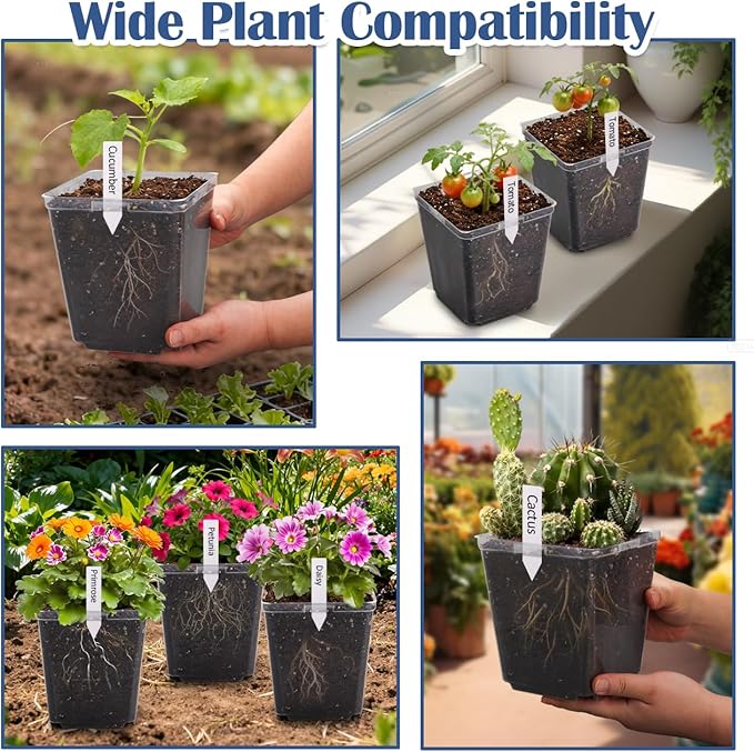 RooTrimmer 5.5 Inch Clear Square Nursery Pots with Drainage & Labels, 30Pcs Reusable Seed Starter Pots for Vegetables, Indoor Outdoor Gardening, Thick Transparent Plastic Plant Pots for Seed Starting