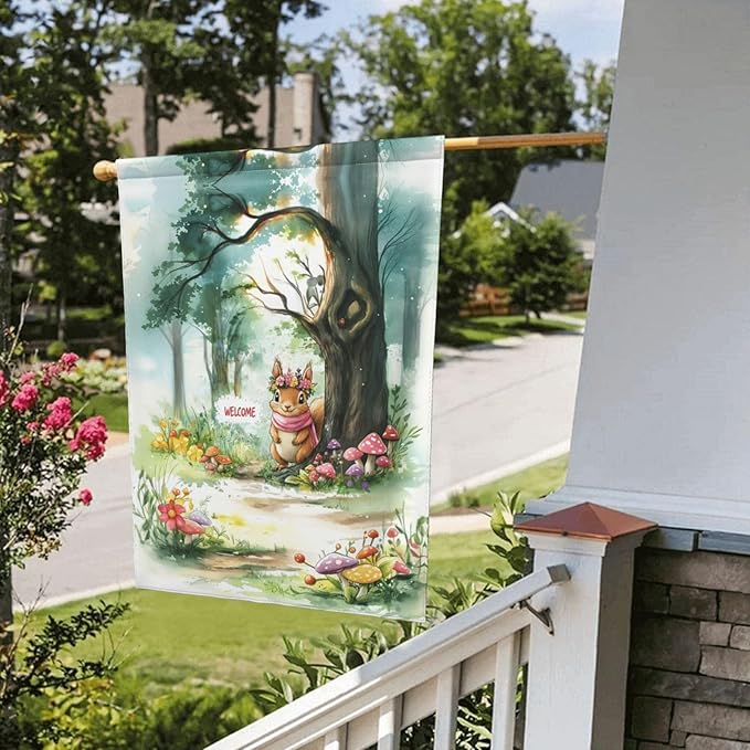 Squirrel And Tree Garden Flag 12x18 Inch Double Sided All-Weather Polyester Outdoor Flag For Patio Lawn Yard And Garden Welcome Decor