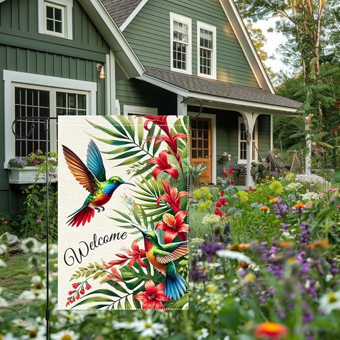 Welcome Hummingbird Garden Flag 12x18 Inch Burlap Double Sided Seasonal Colorful Floral Outdoor Home Yard Lawn Rustic Farmhouse Spring Summer Flags