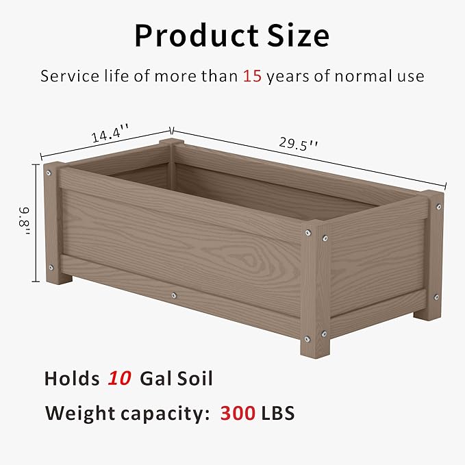 HDPE Raised Planter Box Outdoor,Rot-Resistant and Non-Cracking,Raised Beds for Gardening 29.5 * 14.4 * 9.8 in for Yard,Lawn,Outdoor Planter Boxes Rectangle with Drainage Holes Brown