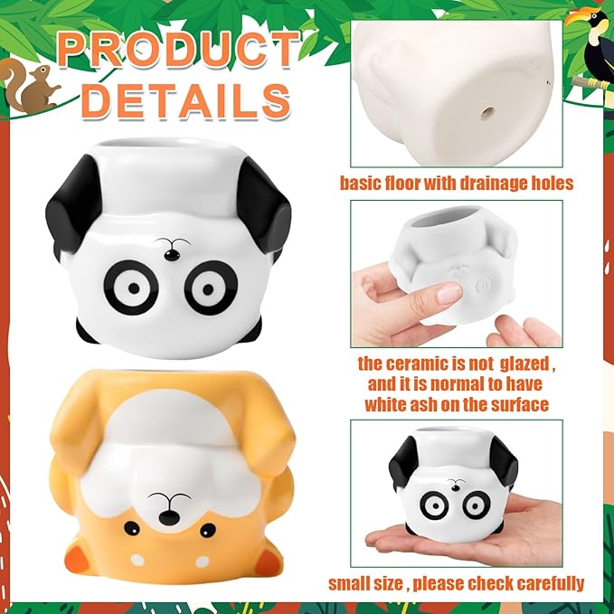 Chuangdi 6 Sets DIY Ceramic Succulent Pots Paint Animal Planters Unpainted Plant Flower Pot Paintable Ceramic Painting Kit Drainage Hole Color Paints Paintbrushes Palettes for Craft Activity