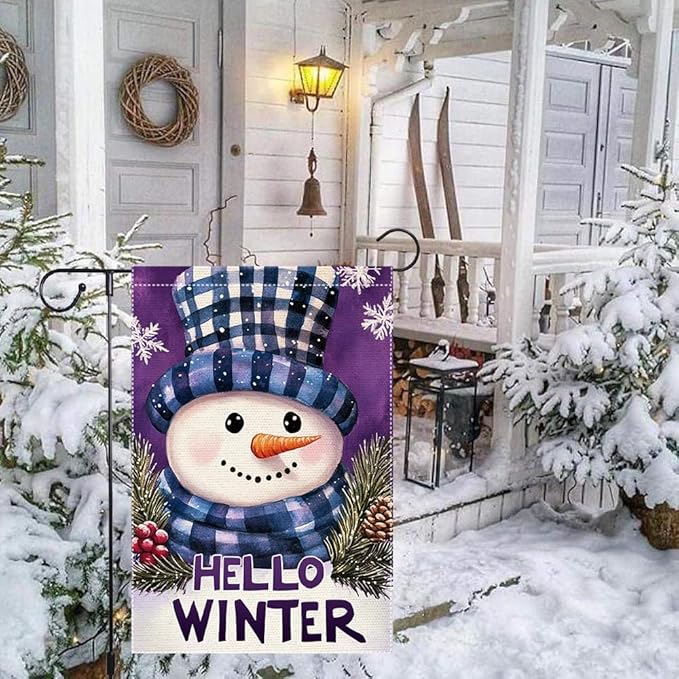 Winter Garden Flag 12x18 Inch Double Sided Small Burlap Outdoor Seasonal Decoration Cute Snowman Design with Plaid Hat and Scarf Hello Winter Welcome Flag for Yard Patio Front Porch
