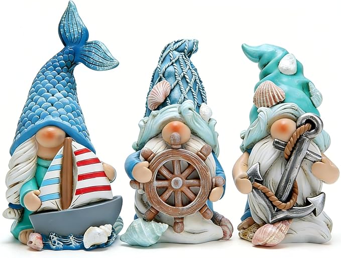 Hodao Ocean Gnome Figurines Set of 3, Nautical Resin Decor with Sailboat Anchor Helm Design, Cute Coastal Gnome Statues for Valentine’s Day Easter, All Season Home Decor