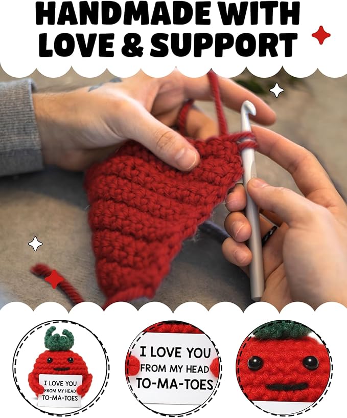 WEZADUK Positive Emotional Support Crochet Tomato, Funny I Love You Gifts for Husband Wife Mom Dad, Anniversary Birthday Gift Ideas, Mini Handmade Crochet Tomato Decor