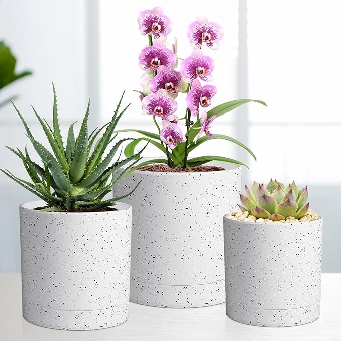 Meowell 7/6.5/6/5/4 inch Plant Pots, 5 Pack Cylinder Flower Pots for Small Indoor Outdoor Plants, Plastic Planters with Drainage Holes and Saucers for Garden Succulent House Plants, Speckled White
