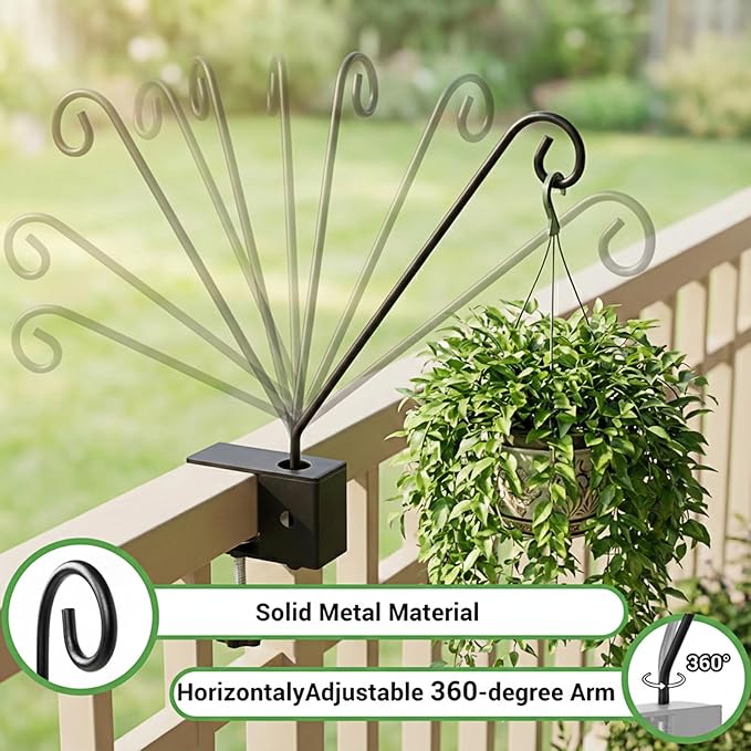 SSNEWOG 4 Pack Heavy Duty Deck Hook, 17 Inch Railing Hook, 360 Degree Swivel Plant Hanger, Solid Metal Deck Hangers for Hanging Bird Feeders, Wind Chimes, Lanterns and Flower Pots, Black