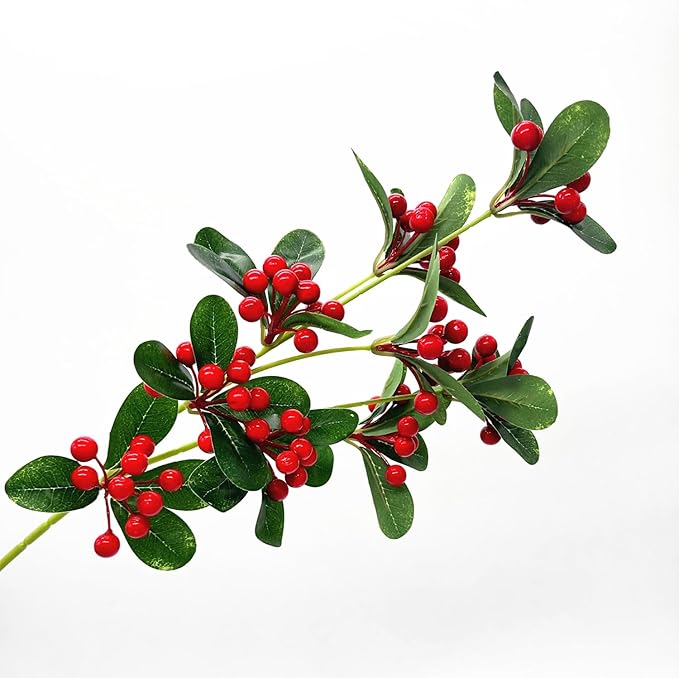 Artificial Red Berry Stems Fake Holly Berries Twig Branches Tall Picks Greenery Plastic Plant for Xmas Indoor Outdoor Wedding Party Christmas Event Decoration DIY Wreath Vase Fireplace Decor 2 Pack